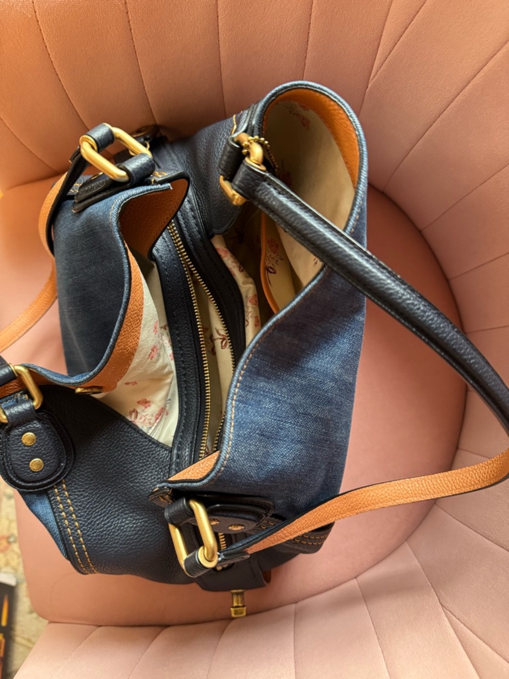 Coach Blue Denim Tote with Gold Logo and Navy and Tan Handles - Picture 9 of 10